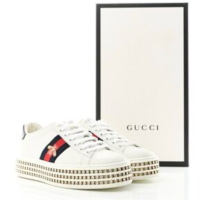 Gucci Calfskin Web Bee Embroidered Women Ace Platform Sneakers 37.5 white